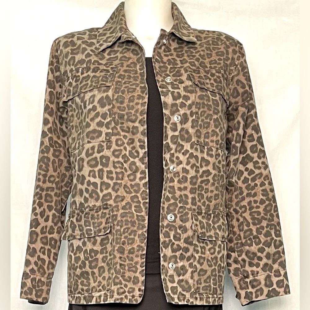 Good American Leopard Print Utility Jacket Animal Print Snap Front Pockets
